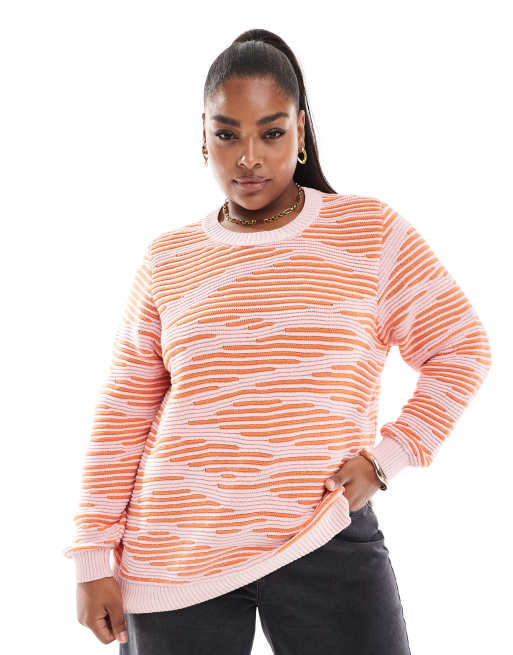 ONLY Curve textured sweater in pink and orange print  