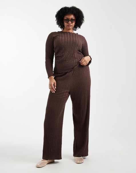 ONLY Curve textured top & trousers co-ord in chocolate brown - view 1