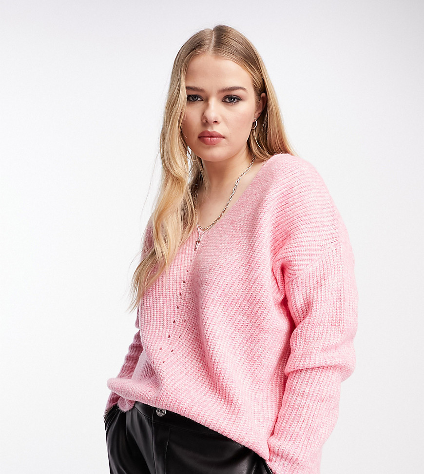 Only Curve textured v neck sweater in pink
