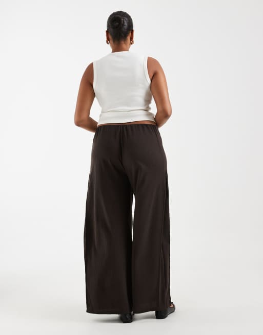 ONLY Curve textured wide leg pants in chocolate brown, 3 of 5