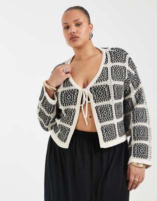 Only Curve Tie Front Crochet Cardigan In Black