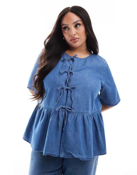 ONLY Curve tie front denim top in medium blue - view 1