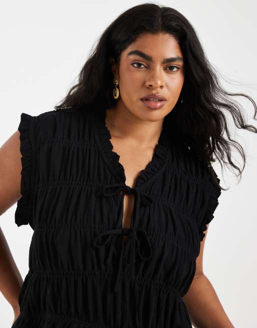 ONLY Curve tie front linen blend top in black, 2 of 4