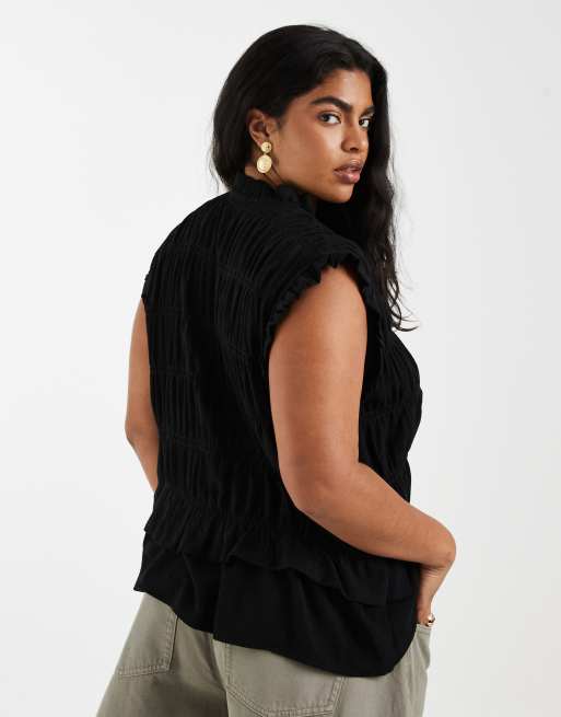 ONLY Curve tie front linen blend top in black, 4 of 4