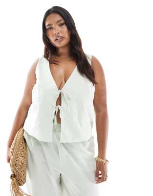 ONLY Curve tie front tank top in green gingham - part of a set - view 1