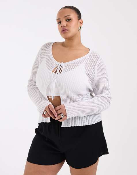 ONLY Curve tie front top in white crochet