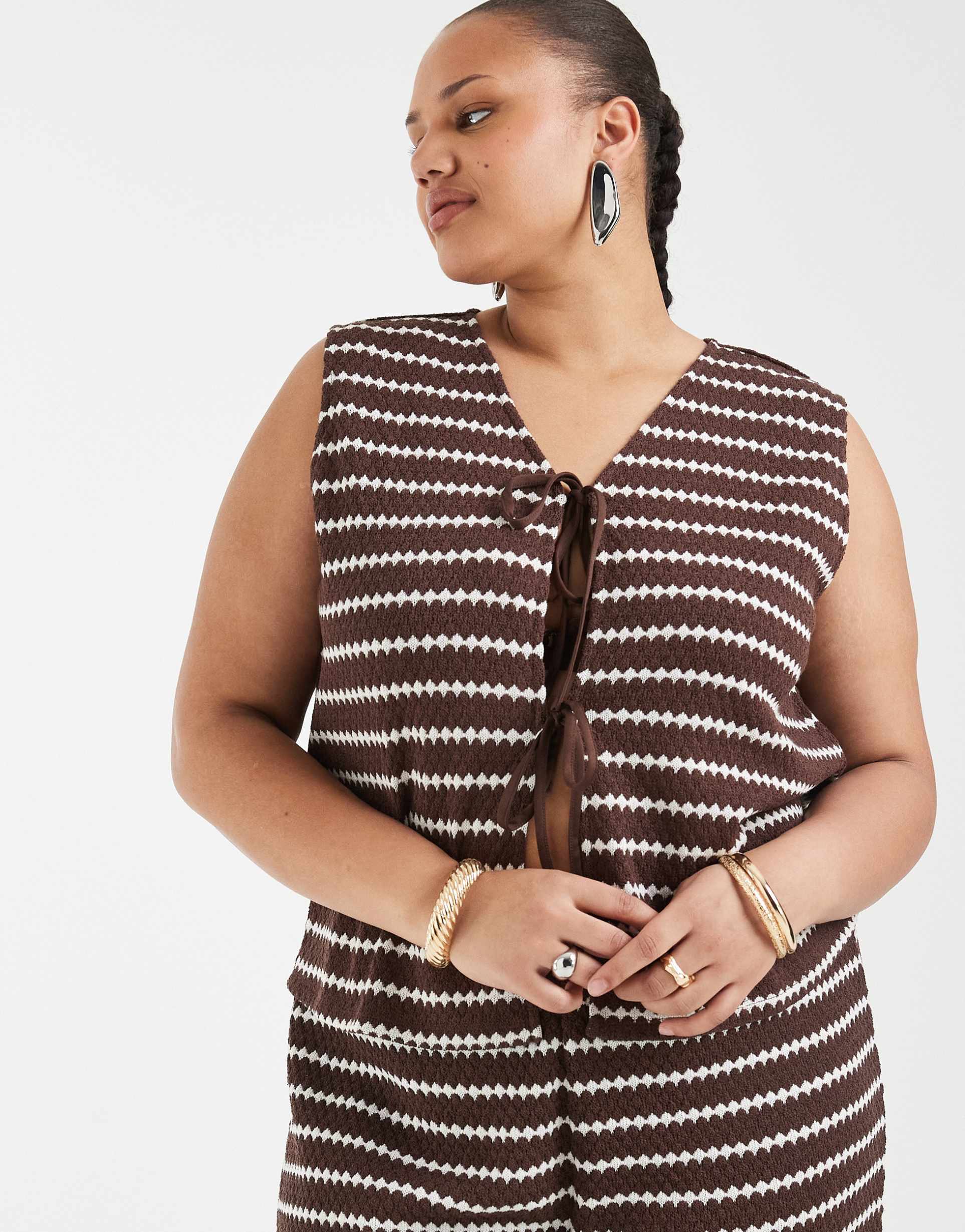 only curve tie front vest in brown stripes - part of a set