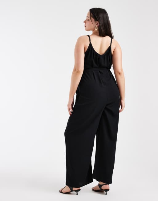 ONLY Curve tie waist jumpsuit in black, 4 of 4
