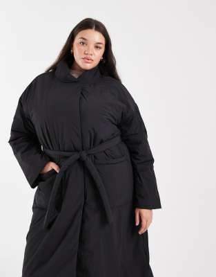 Only Curve Tie Waist Maxi Coat In Black