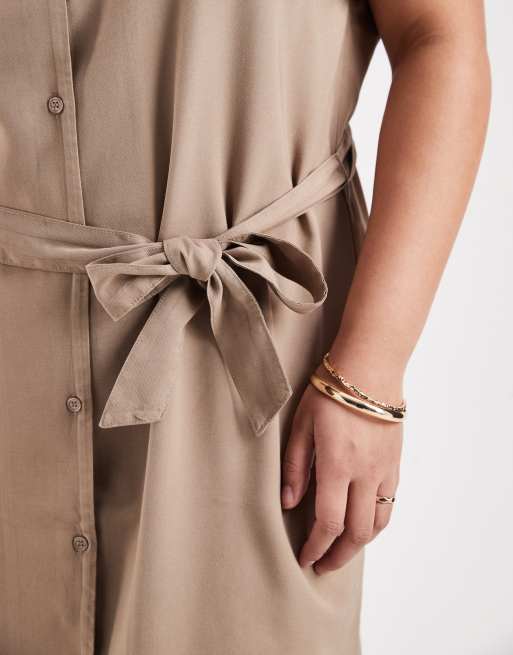ONLY Curve tie waist mini dress in taupe gray, 3 of 4