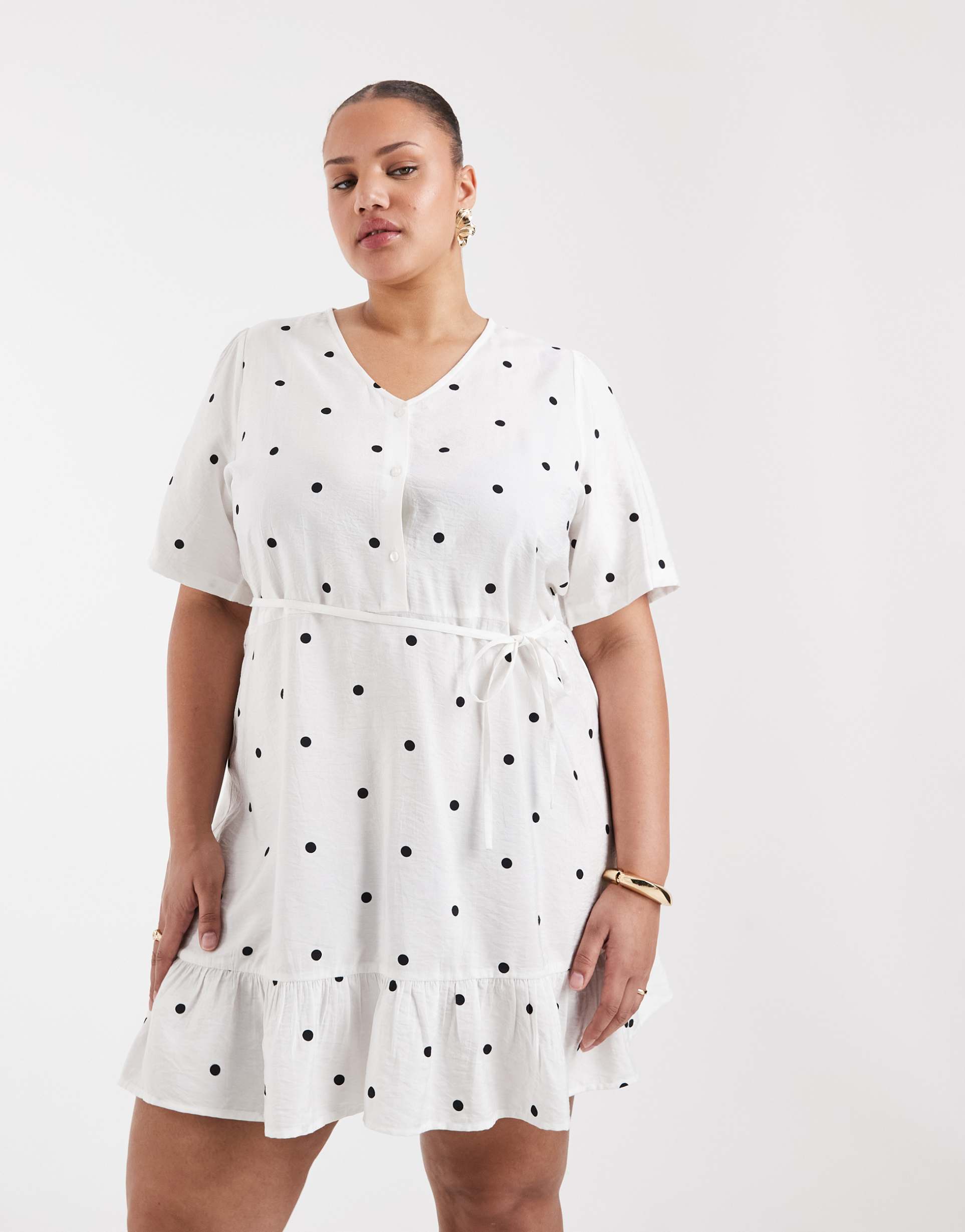 only curve tie waist mini dress in white polka dots