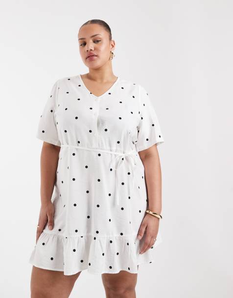 ONLY Curve tie waist mini dress in white polka dots