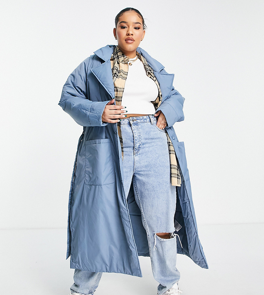 Only Curve tie waist padded longline trench coat in blue