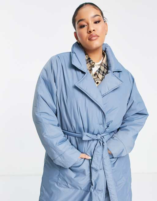 Only Curve tie waist padded longline trench coat in blue, 2 of 4