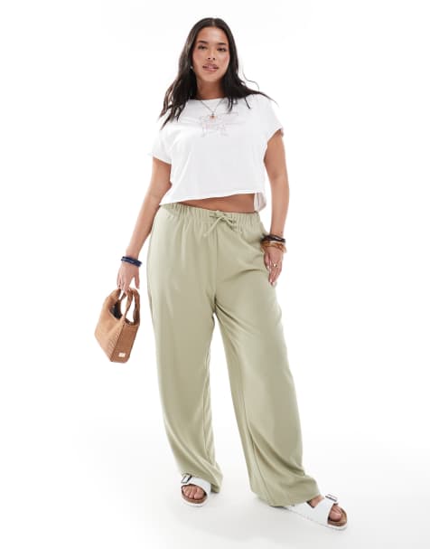 ONLY Curve tie waist trousers in light green - view 1