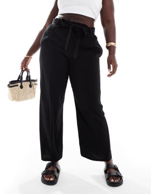 tie waist wide leg linen mix pants in black