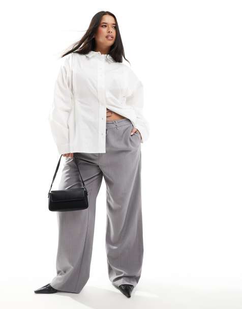 ONLY Curve tie waist wide leg trousers in light grey - view 1