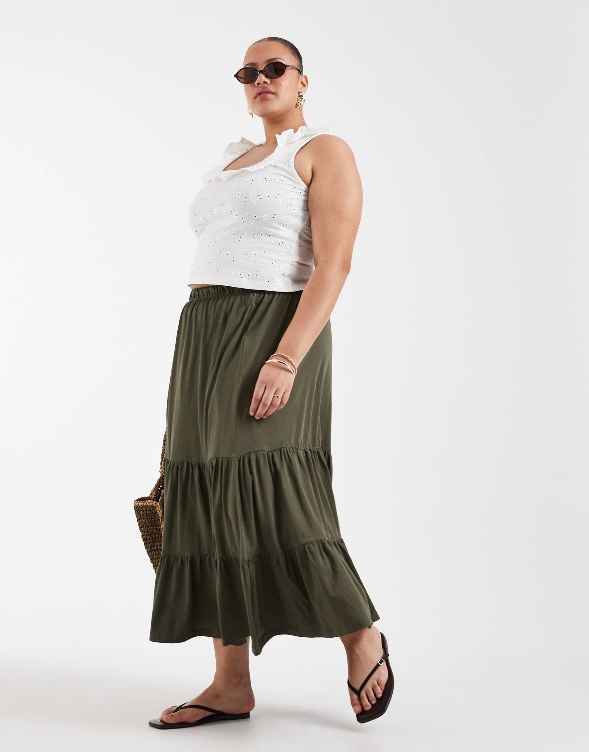 only curve tiered midaxi skirt in khaki green