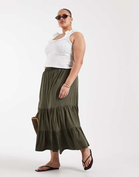 ONLY Curve tiered midaxi skirt in khaki 