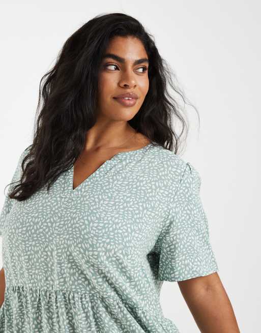 ONLY Curve tiered mini dress in green floral print | ASOS