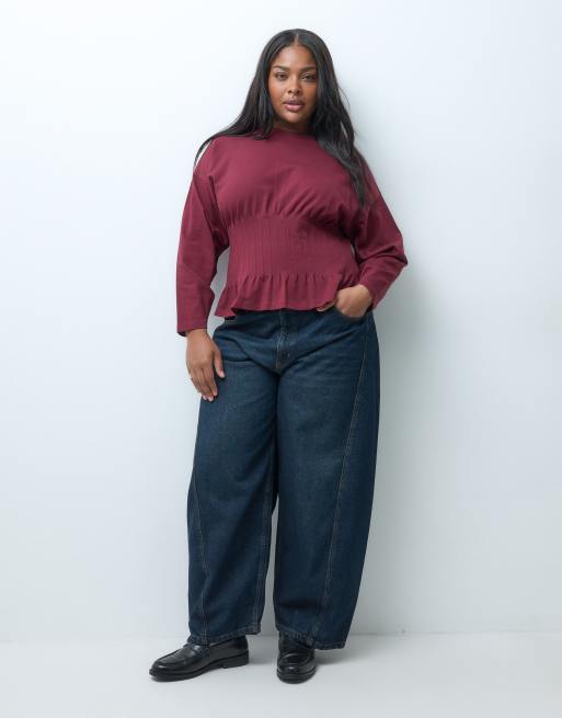 ONLY Curve top a maniche lunghe con coulisse bordeaux, 4 di 4