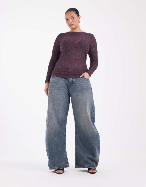 ONLY Curve top en dentelle à manches longues en prune, 2 de 4