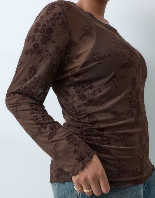 ONLY Curve top in pizzo a maniche lunghe floreale marrone, 3 di 5