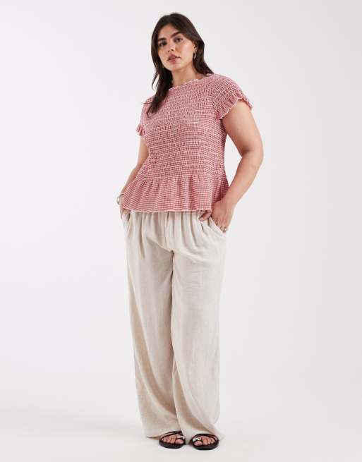 ONLY Curve - Top met boothals en gerimpeld detail in rode gingham ruit, 2 van 4