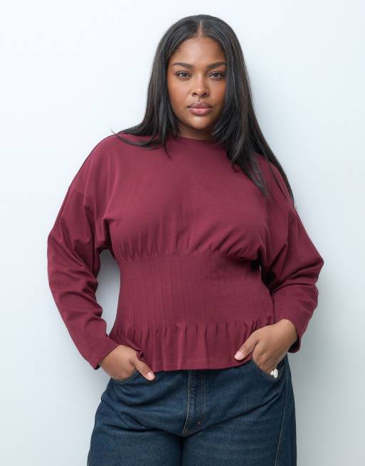 ONLY Curve top met lange mouwen en strikceintuur in bordeauxrood, 2 van 4