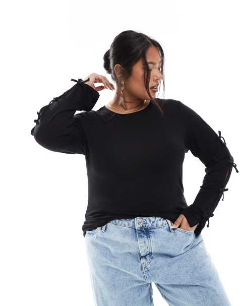 ONLY Curve - Top met strikdetail en lange mouwen in zwart - view 1