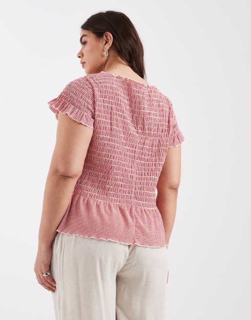 Only Curve - Top rosso a quadretti con scollo a barchetta e arricciature, 4 di 4