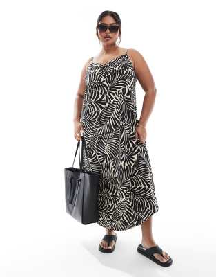 ONLY Curve - Maxi-Trägerkleid in Schwarz mit Palmenmuster