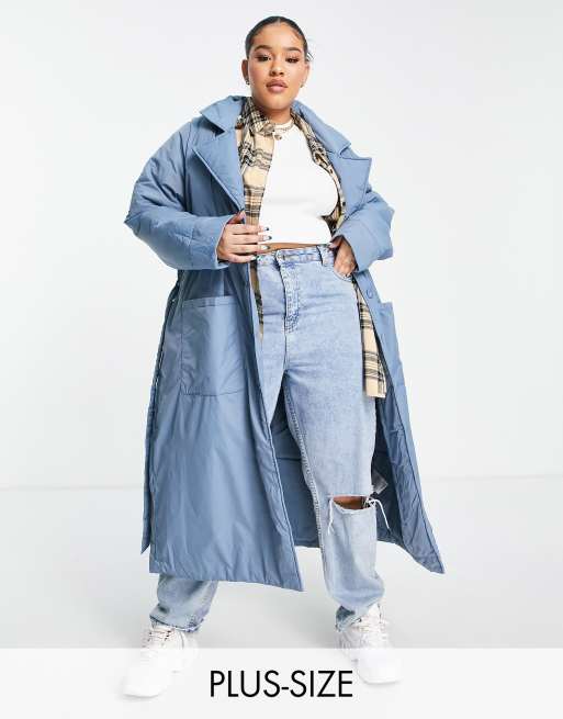 Only Curve - Trench taglio lungo imbottito blu allacciato in vita