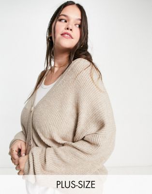 Only Curve ribbed knit button down cardigan in beige