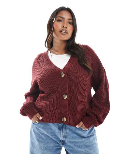 ONLY Curve v-neck cardigan in burgundy - view 1