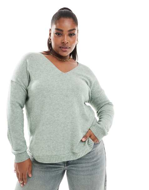 ONLY Curve v-neck jumper in light green melange  - view 1