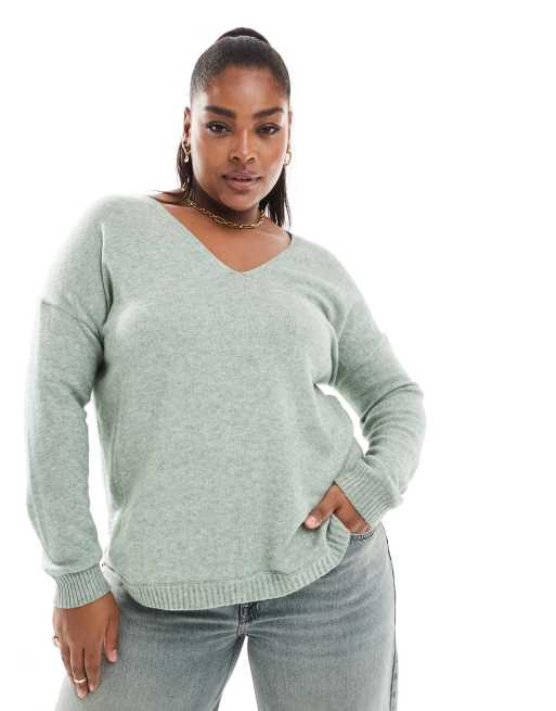 ONLY Curve v neck jumper in light green melange