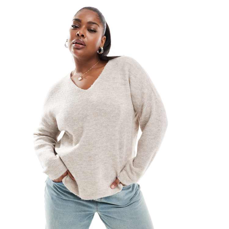 ONLY Curve v neck jumper in stone ASOS