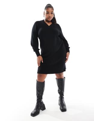 only curve v-neck knit mini dress in black