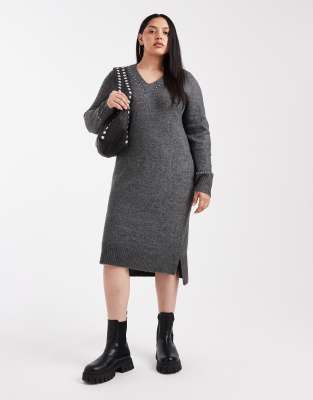 Only Curve ONLY Curve v-neck knitted midi dress with embellished studs in grey