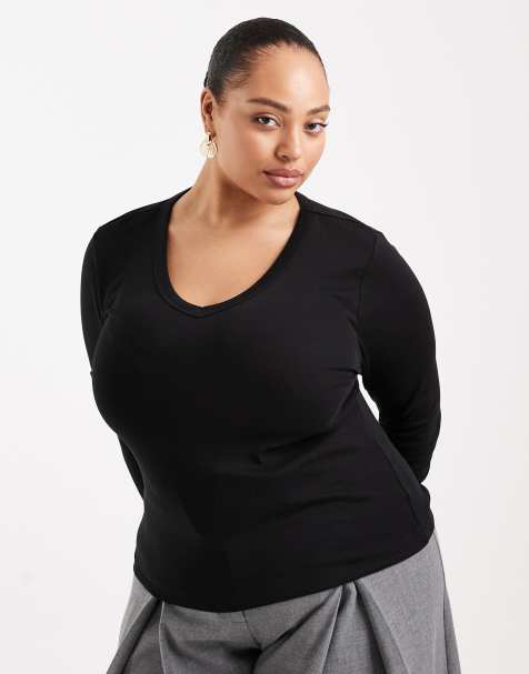 ONLY Curve v-neck long sleeve top in black - view 1