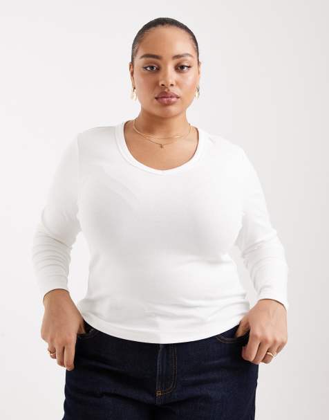 ONLY Curve v-neck long sleeve top in white