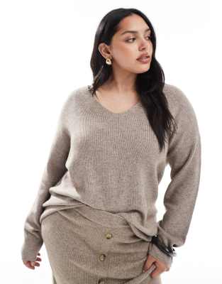 Only Curve ONLY Curve v-neck loose ribbed jumper co-ord in beige-Neutral