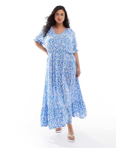 ONLY Curve v neck maxi dress in blue floral 