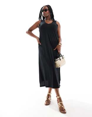 v neck midi dress in black