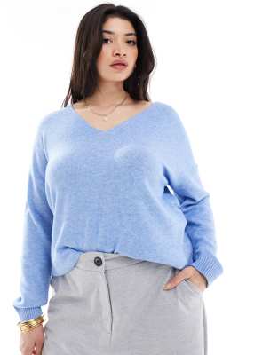 Only Curve V Neck Sweater In Blue