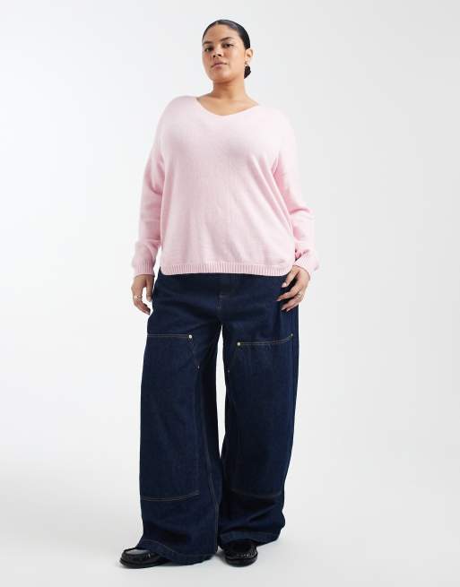 ONLY Curve v-neck sweater in light pink, 2 of 4