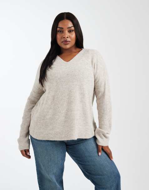 ONLY Curve v-neck sweater in stone - view 1