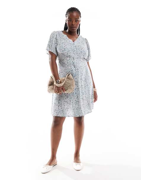 ONLY Curve v neck tie waist mini dress in sage floral 