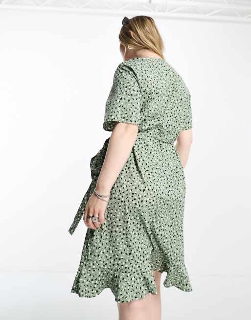 Only Curve - Vestito corto a portafoglio verde a pois con volant , 2 di 4
